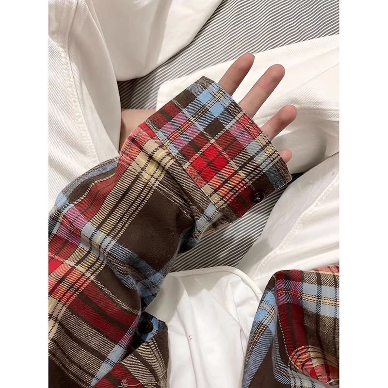 磨毛衬衫女秋冬款格子宽松休闲长袖上衣加厚衬衣外套开衫|undefined