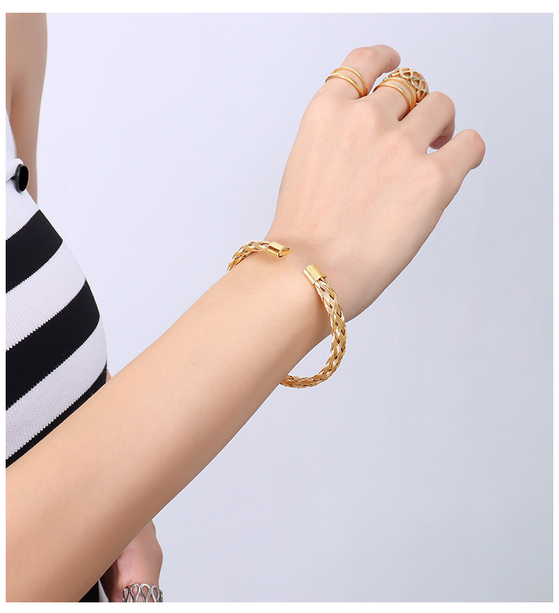 simple retro bamboo open bracelet woven jewelry titanium steel material plated 18k gold braceletpicture4