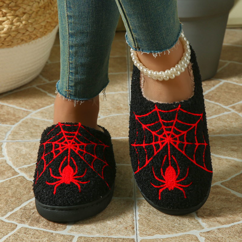 Supports Cross-Border Foreign Trade with Custom Designs, New Halloween Spider Cartoon Warm Winter Cotton Slippers for Men and Women Couples