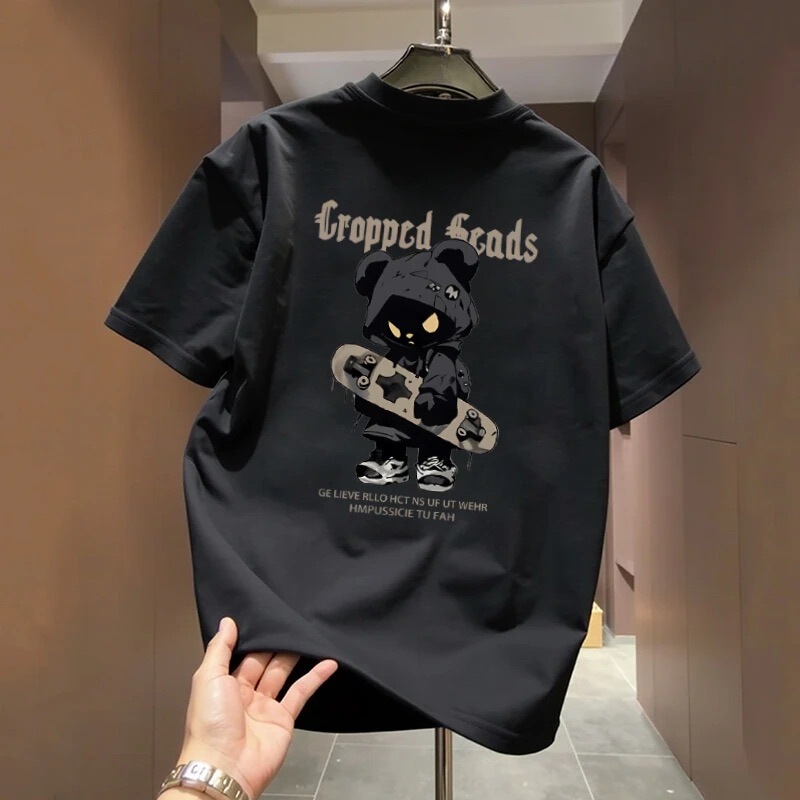 High-end heavyweight pure cotton short-sleeve men's t-shirt with letter print on the back and bear design, 2026 new summer versatile top High-end heavyweight pure cotton short-sleeve men's t-shirt with letter print on the back and bear design, 2026 new summer versatile top