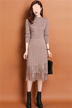 加绒加厚针织连衣裙女中长款过膝长裙秋冬韩版长袖蕾丝打底毛衣裙