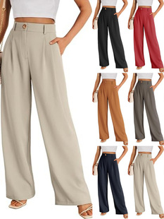 Pocket trousers wide-leg formal trousers women's high-waisted business casual trousers 2024 European and American cross-border Amazon new models