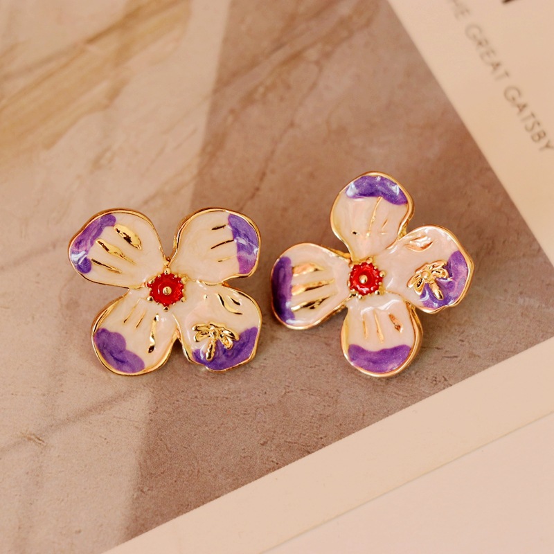 Nouvelles Boucles D&#39;oreilles Glaçure Violet Fleur À Quatre Pétales display picture 10