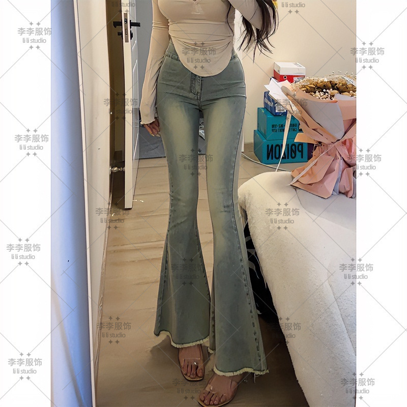 白月光浅色纯欲微喇牛仔裤女2025夏季新款高腰显瘦鱼尾喇叭长裤|undefined
