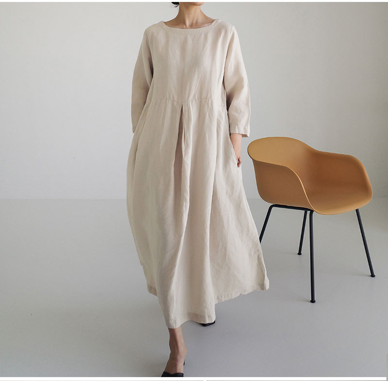 High Quality Spot 2023 Autumn New Loose Large Size Dress Japanese Korean Style Cotton Linen Round-neck Dress display picture 2