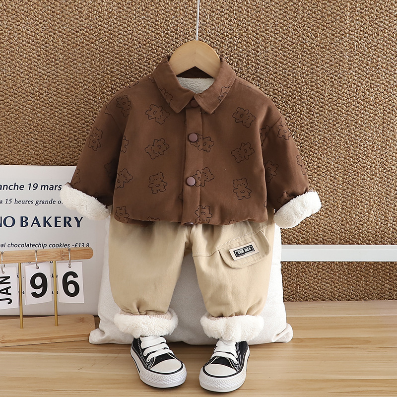 Set camicia foderata in pile e pantaloni per bambino inverno_voghion.com