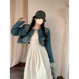夏季套装女士白色裹胸连衣裙长款抹胸纯欲打底裙牛仔短外套两件套