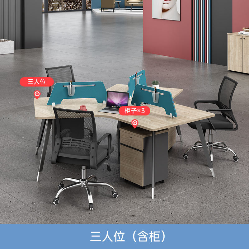 Escritorio triangular moderno y minimalista para oficina, personalizable para 6 u 8 personas, con divisor de espacio para el personal y juego de sillas para computadora.