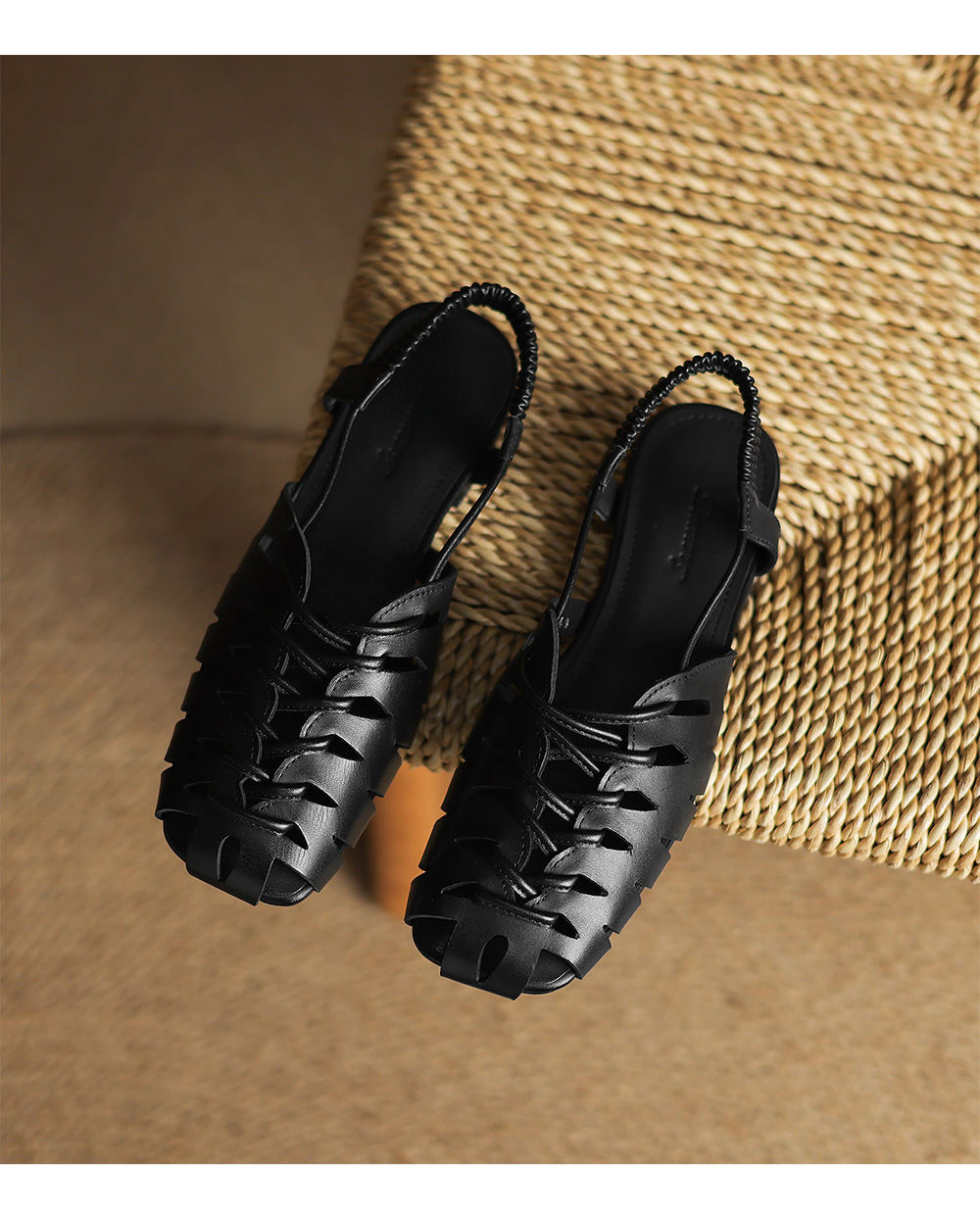 Dép sandal nữ da bò đế bệt dệt rỗng kiểu retro La Mã — đen chi tiết 21
