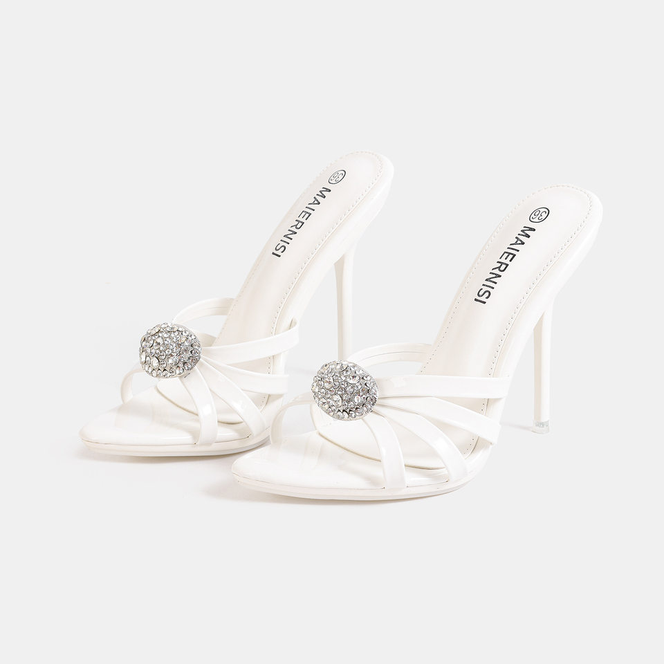 Sandal nữ quai ngang đính pha lê gót nhọn mạ điện, form rộng nhiều cỡ — Màu be, Màu bạc, Màu trắng, Màu tím chi tiết 2
