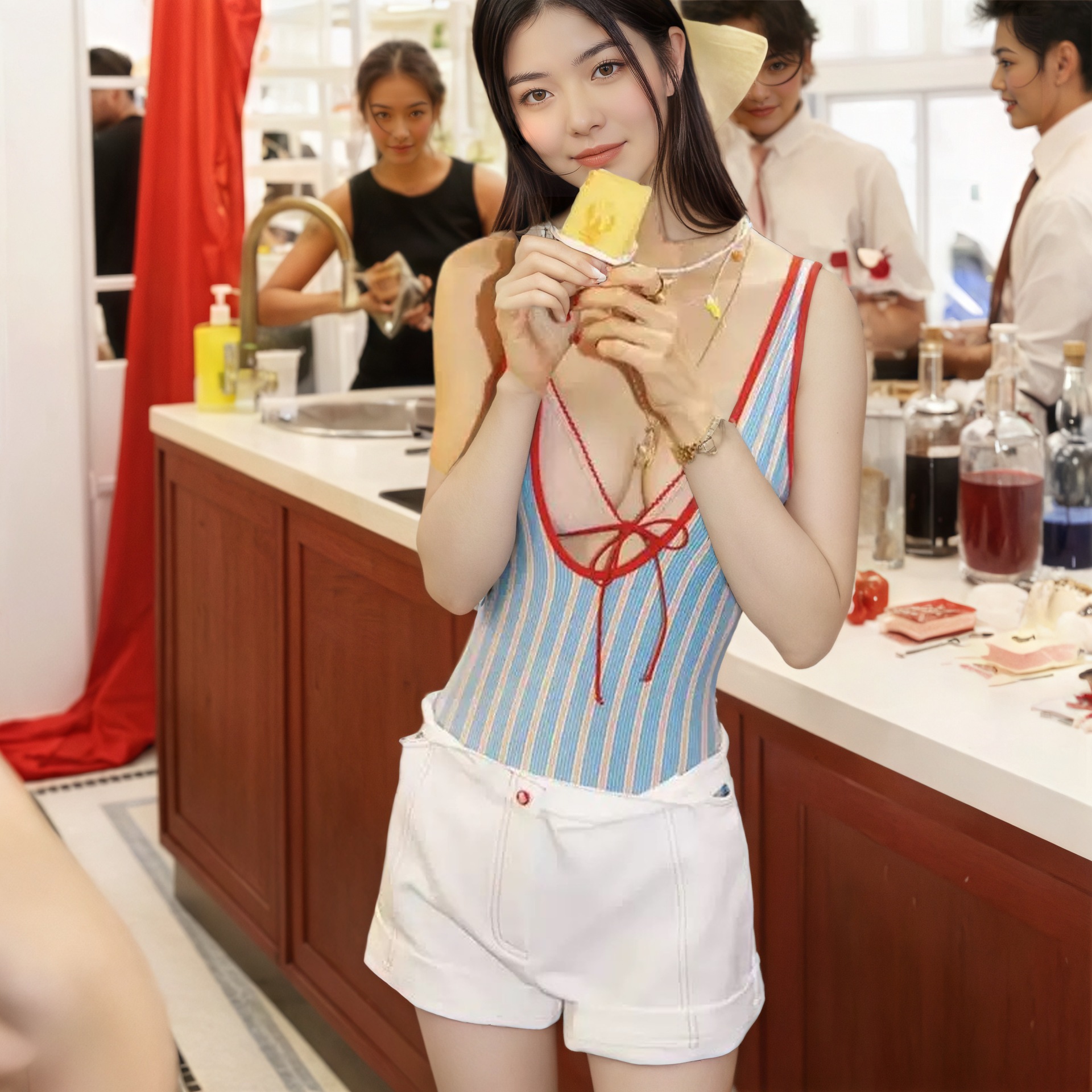 【笑蜀泳装】泰国小众蝴蝶结条纹连体泳衣女高级感蓝色条纹比基尼