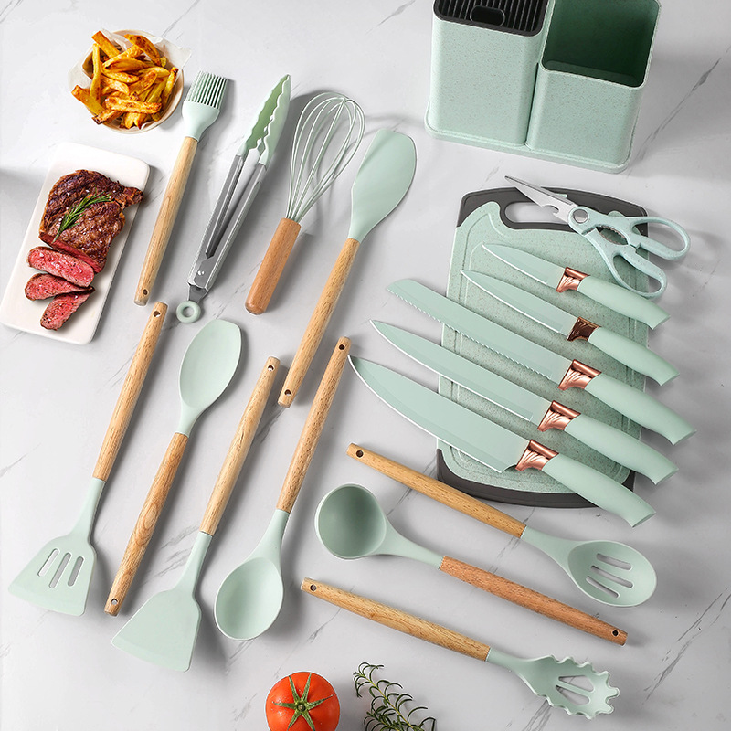 Silicone kitchenware set 19-piece knife combination set storage bucket kitchen knife straw color set