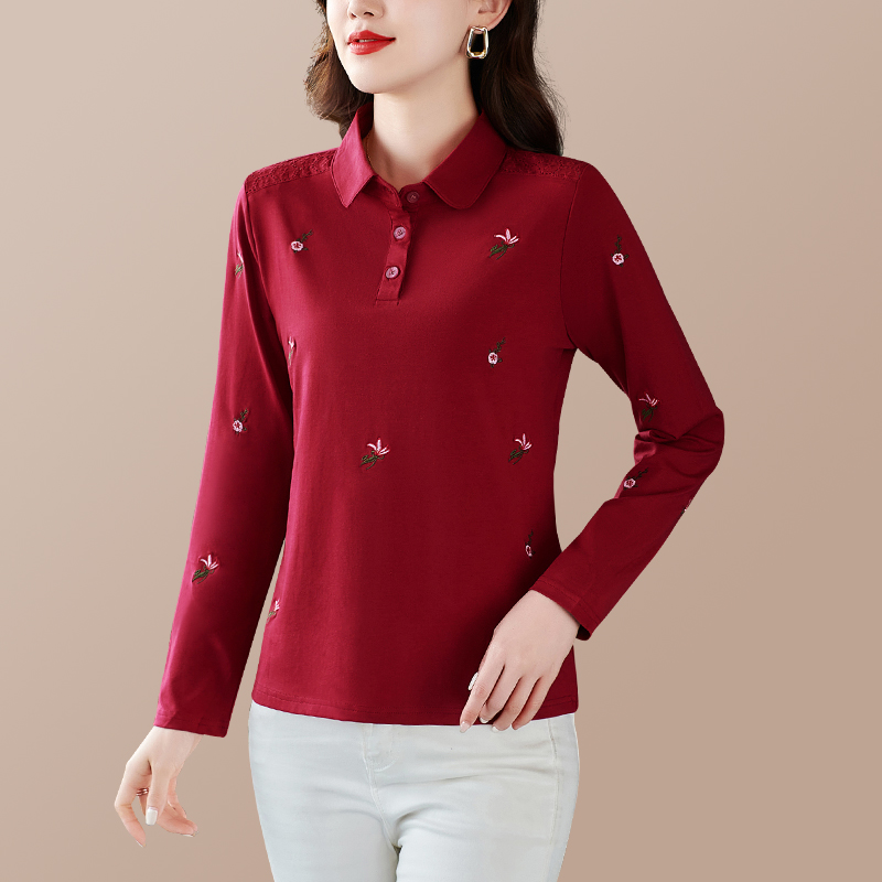 Mom's Spring & Fall Clothing 2025 New Autumn Clothing Outer Wear Pure Cotton Long-Sleeved T-Shirt Women's Middle-Aged and Elderly Polo Tops Bottoming Shirts