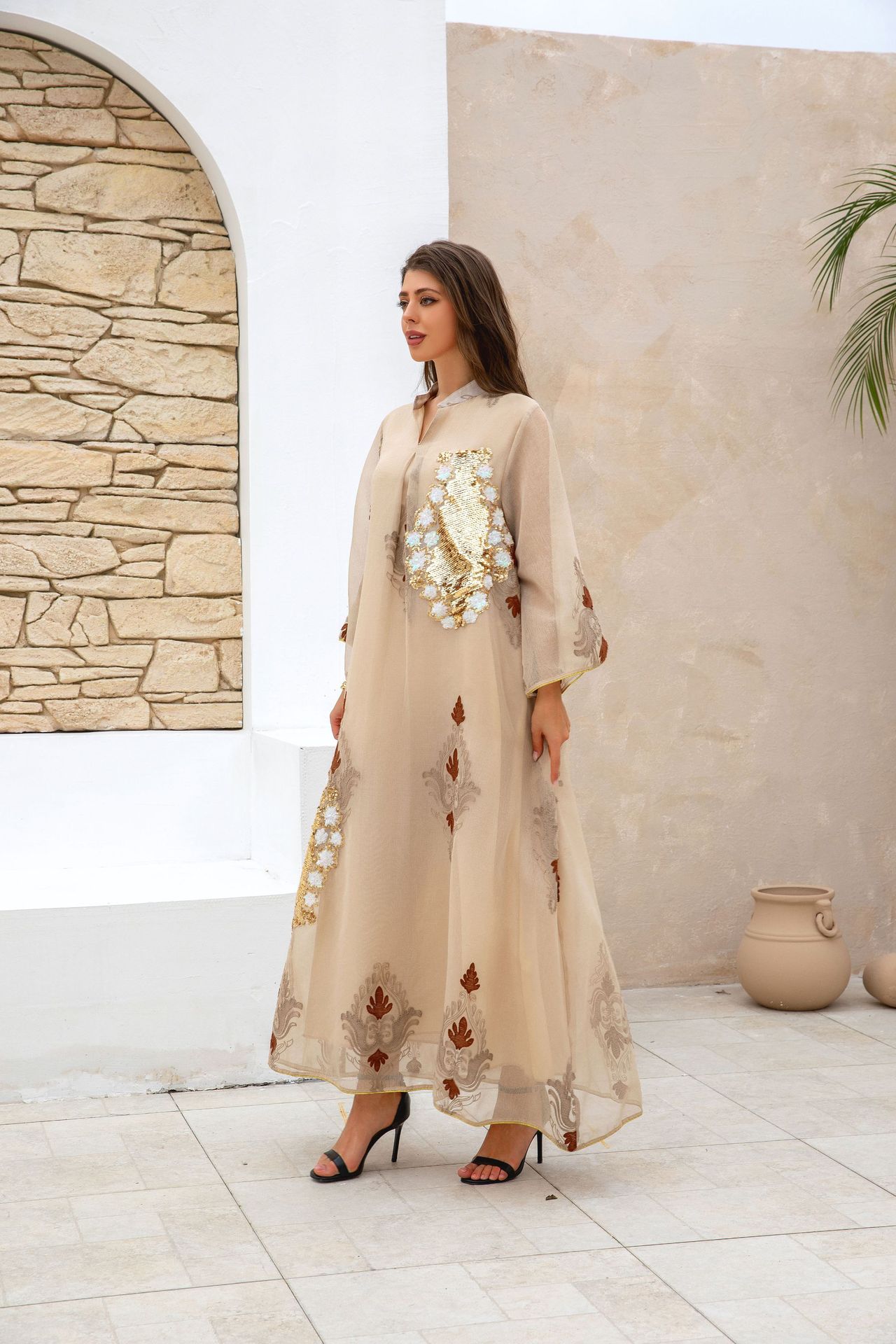 ZD044 Middle East Cross-border E-commerce Bestseller Women's Muslim Dress Sequin Embroidered Arab Robe_ecoleips.com