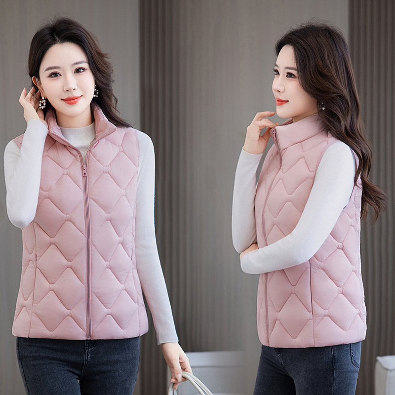 2025 mujeres otoño invierno collar cuadrilátero de diamante grueso chaleco de algodón delgado grueso suelto cremallera bolsillo de algodón clip