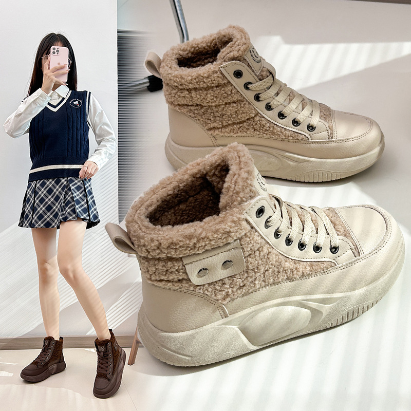 High Top Cotton Shoes for Women 2023 Winter New Plush Versatile Student Lamb Plush Trendy Women's Thick Sole Casual Shoes_voghion.com