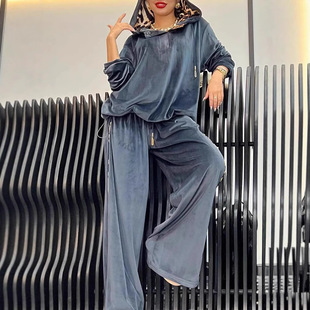 2025 European and American Cross-border Amazon Independent Station Loose Casual Two-piece Leopard Hoodie and Pants suit Women