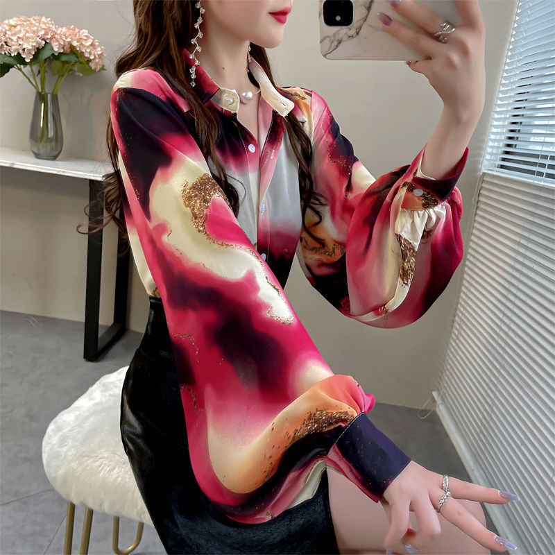 2025年新款春装百搭时尚雪纺衫女大码印花灯笼袖衬衫女翻领衬衣女|undefined