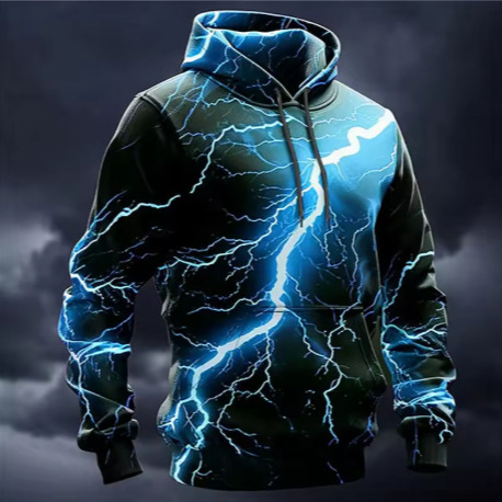 Vintage Men Sweatshirts 3D Lightning Pattern Printed Casual Hoodies Autumn Oversized Clothing Harajuku Super