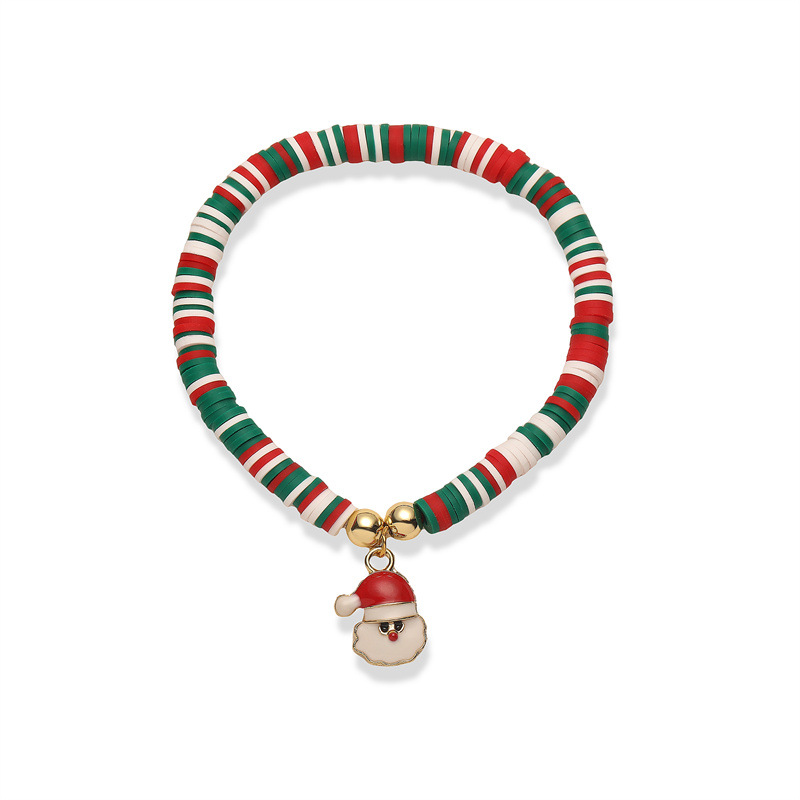 Fabricante de pulseras navideñas con cuentas de arcilla suave populares en Europa y América, chapado en aleación, con diseño de gota de aceite y campana de árbol de Navidad, en stock.