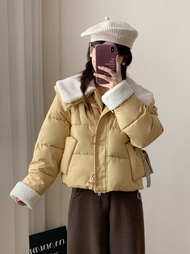 Winter new style down cotton coat, women's short, small, horn button, warm cotton coat, lamb hair cotton coat, coat