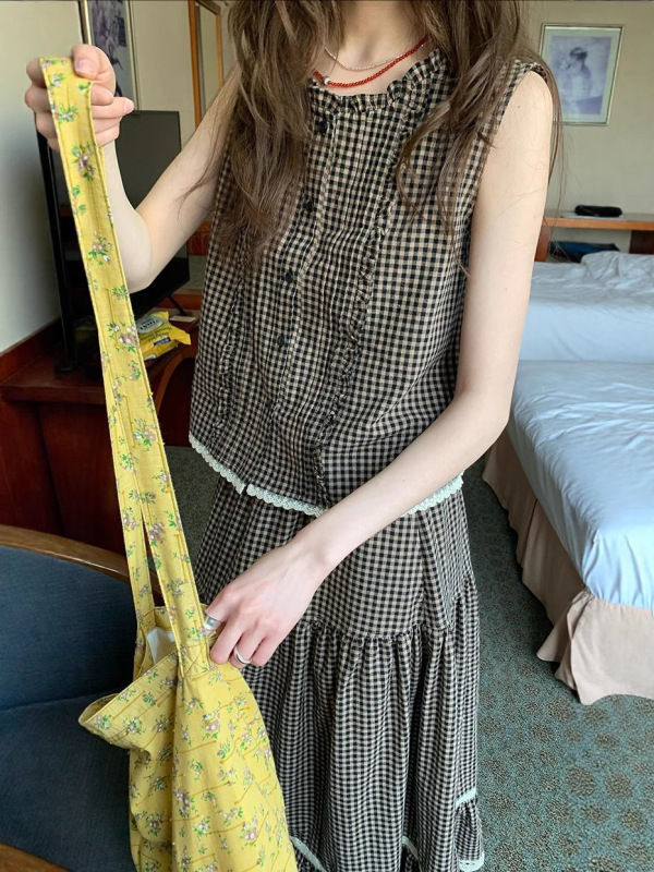 RAIY 甘いルーズガーリーレーススーツ夏の女性のチェック柄ベストとスカートの2点セット|undefined