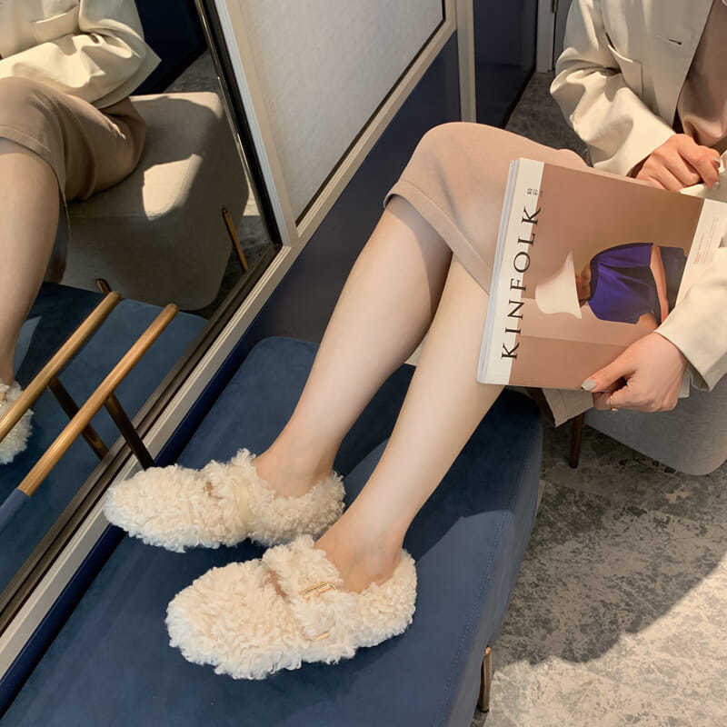 Tamanho grande sapatos peludos para outono e inverno exterior usar nova sola plana internet celebridade encaracolado mais gorro de veludo única mulher_voghion.com