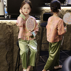 女の子用漢服セット 中国風 明時代風 子供服 唐装 春秋用 上下セット 古風なコート 表演服