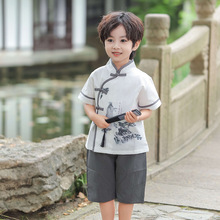 儿童唐装夏季新品男童中国风改良水墨画套装男孩复古民族风表演服