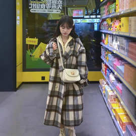 格子毛呢外套女2024秋冬季新款英伦风高级感小个子中长款呢子大衣