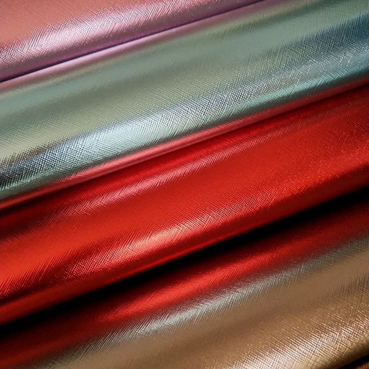 金属贴膜十字纹皮革箱包鞋材手袋包装革反光面料贴膜PU纳帕纹L035