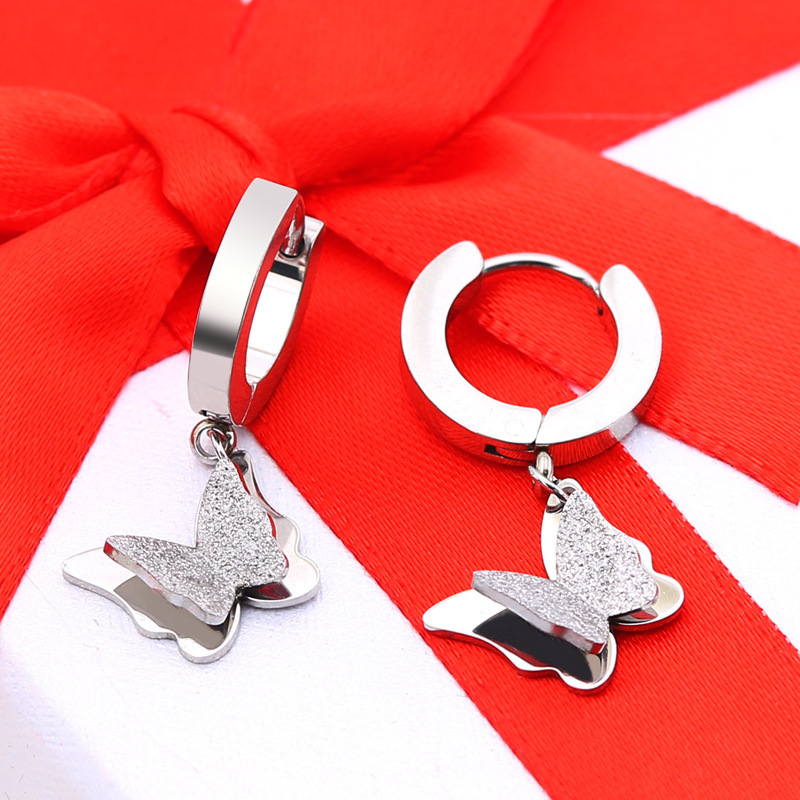 Wenjian moda titanio acero 18K oro rosa mariposa oído espárragos de las mujeres de estilo coreano esmerilado lindo dulce pendientes todo a juego