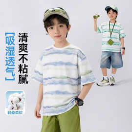 儿童短袖t恤纯棉新款清爽洋气条纹上衣男童夏季服装圆领宽松童装