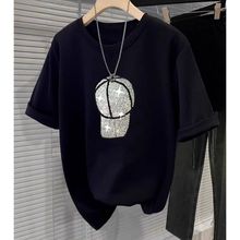 2025夏季新款黑色短袖t恤女时尚高级重工烫钻宽松体恤上衣潮