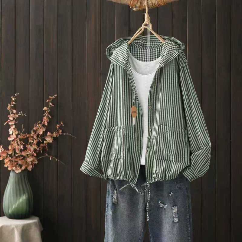 2026 Spring New Style Striped Plaid Hooded Loose Women's Cardigan Jacket Hoodie