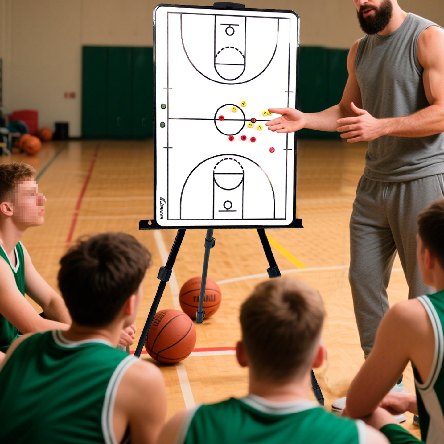 Portable double-sided magnetic basketball coaching board, comes with magnetic markers and a pen for writing and erasing tactics