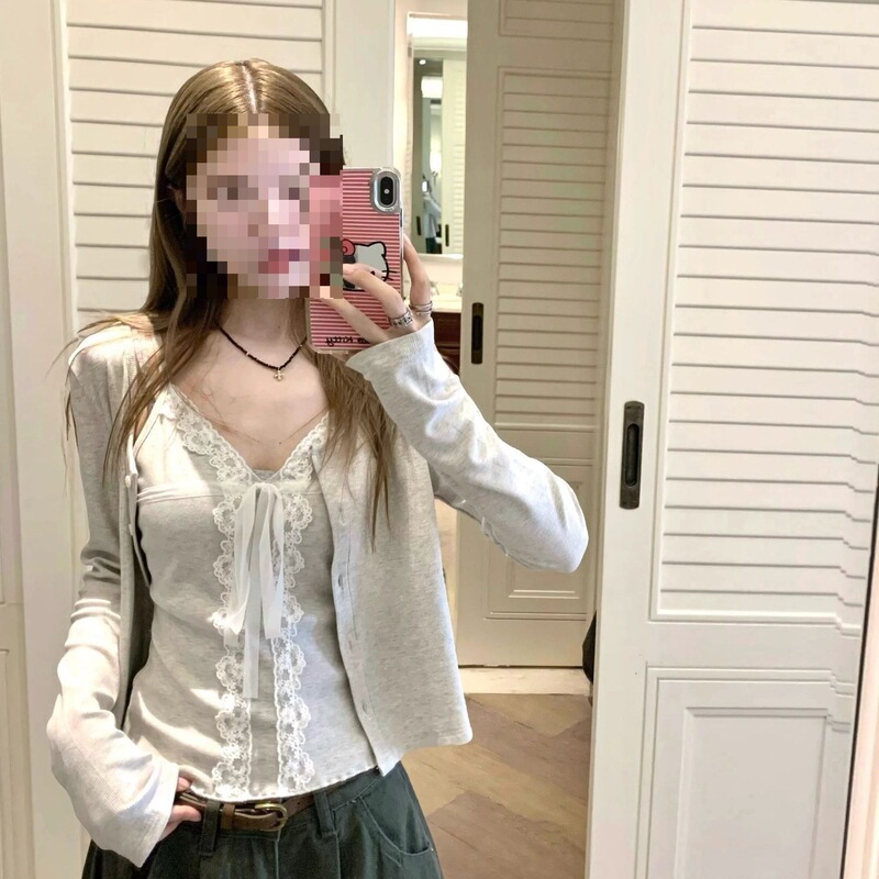 Lace Strap Suspender Long-Sleeved Cardigan Two-Piece Set for Women Summer New Versatile Slim Fit Top Set