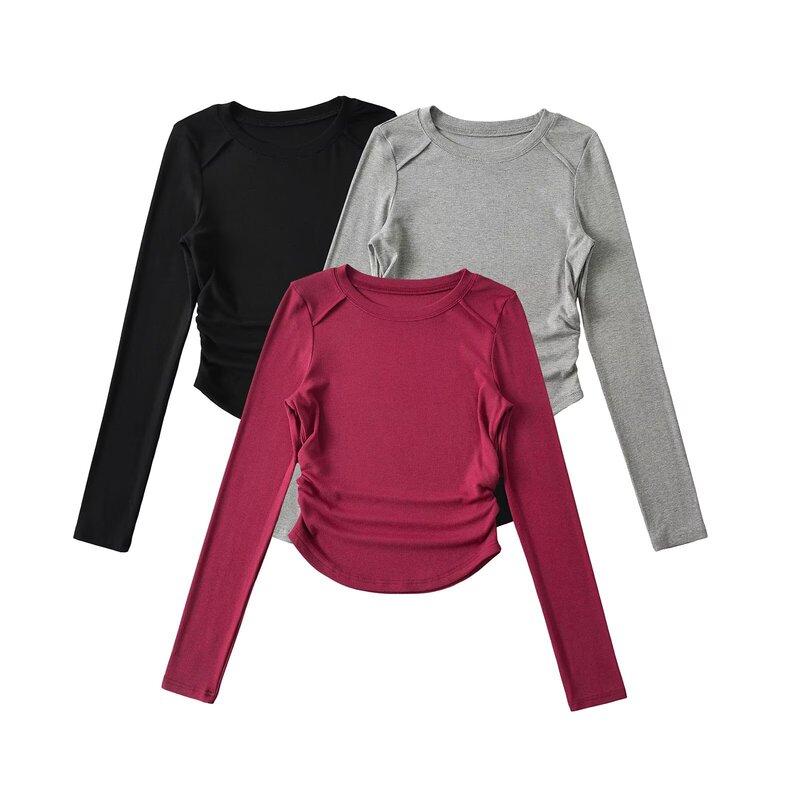 American Style Hot Girl Double-sided Pleated Waist Crewneck Long-sleeved T-shirt Autumn and Winter New Slim-fit Slimming Shoulder Base Top American Style Hot Girl Double-sided Pleated Waist Crewneck Long-sleeved T-shirt Autumn and Winter New Slim-fit Slimming Shoulder Base Top