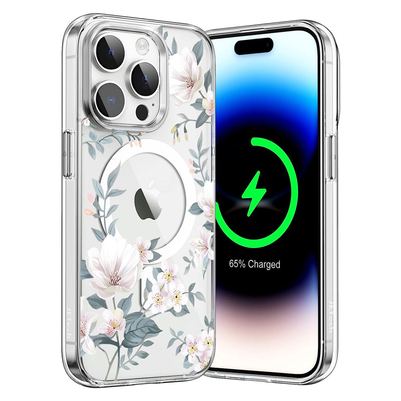 Magsafe Magnetic Apple 17 Mobile Phone Case Suitable for Iphone14 Green Leaf White Flower 16Promax Protective Cover 12