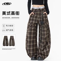 OREETA美式慵懒感复古格纹休闲裤男女可穿配卡通挂件拖地弯刀裤