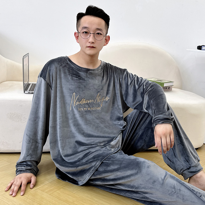 Autumn and winter plus fat plus size pajamas suit men's warm velvet home clothes two-piece cartoon letter long sleeve pants