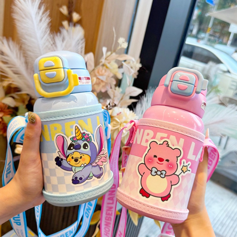Cartoon High-Looking Kidsren's Thermos Cup with Double Drinking Mouth, Large Capacity 316 Stainless Steel Straw Cup, Student Portable Water Cup