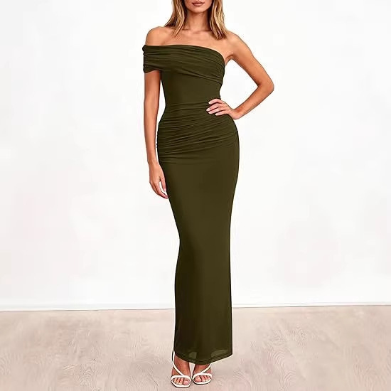 Cross-Border European and American Amazon New Style Off-Shoulder Ruched Slim-Fit Elegant Formal Long Dress Gown Cross-Border European and American Amazon New Style Off-Shoulder Ruched Slim-Fit Elegant Formal Long Dress Gown