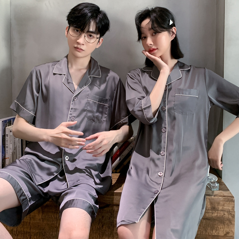 Satin Couple Pajamas Spring and Autumn Ice Silk Women's Sexy Nightdress Summer Silk Men's High-end Sense Home Clothes