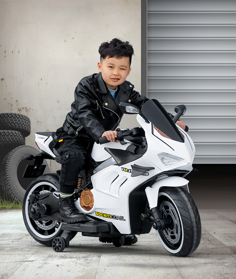 Coche eléctrico para niños Motocicleta autónoma para niños con rueda auxiliar Control remoto Motocicleta cochecito eléctrico al por mayor