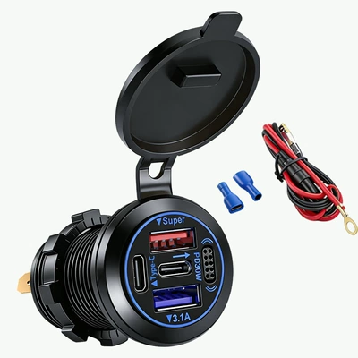 Car and Motorcycle USB Charging Port 12V Cigarette Lighter Modification Car Fast Charger Electric Vehicle Phone Charger (Mobil şarj cihazları) - pd30wqc30-fast-charge31abutton60cm-power-cordblue-set