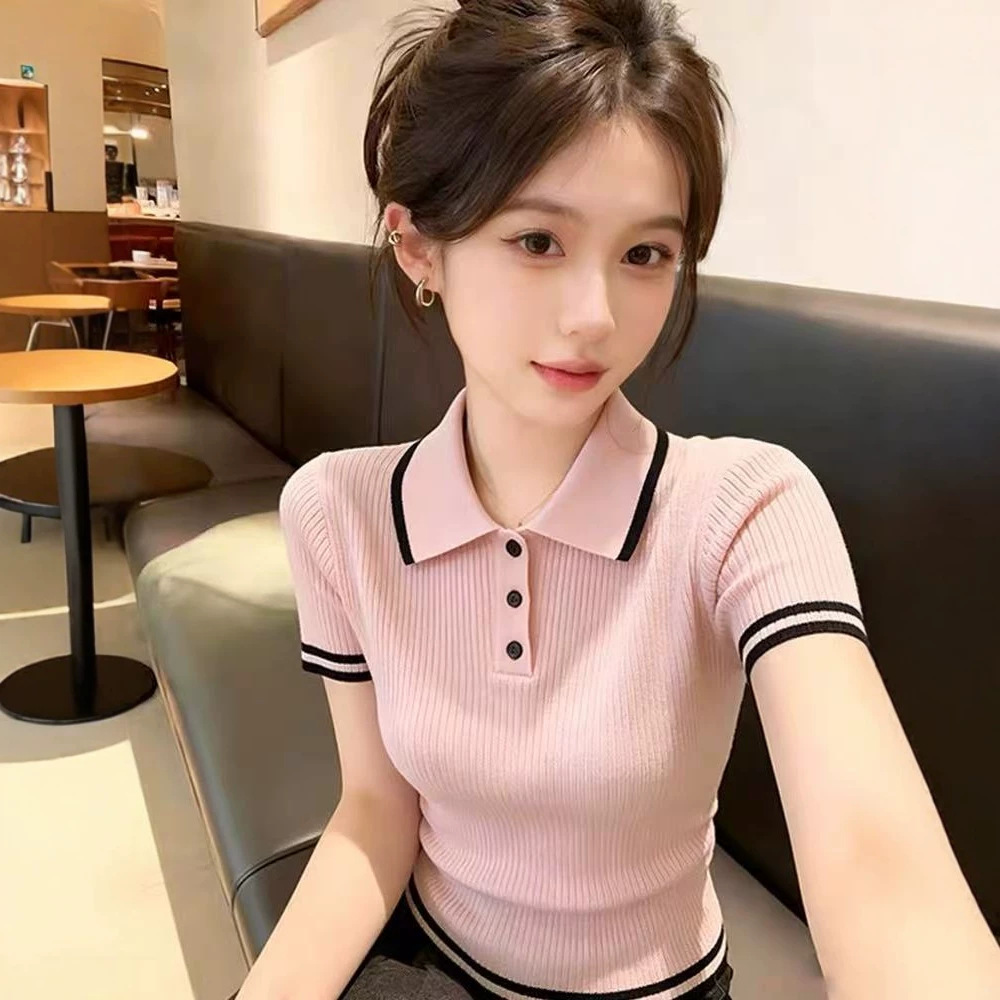 Áo thun polo nữ tay ngắn cổ bẻ dệt kim co giãn phong cách Hàn Quốc — đen chi tiết 3