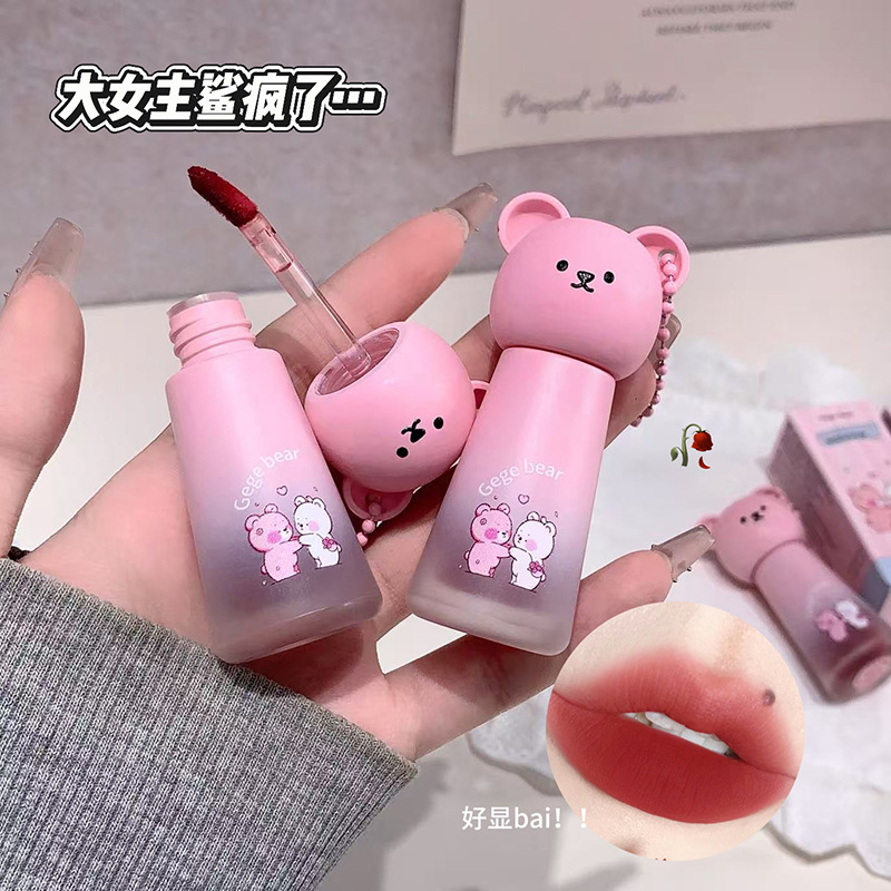 Gegebear Bear Soft Mist Lip Mud Cover Box no es fácil de tocar tazas de terciopelo mate no es fácil de descolorar el conjunto de lápiz labial blanco