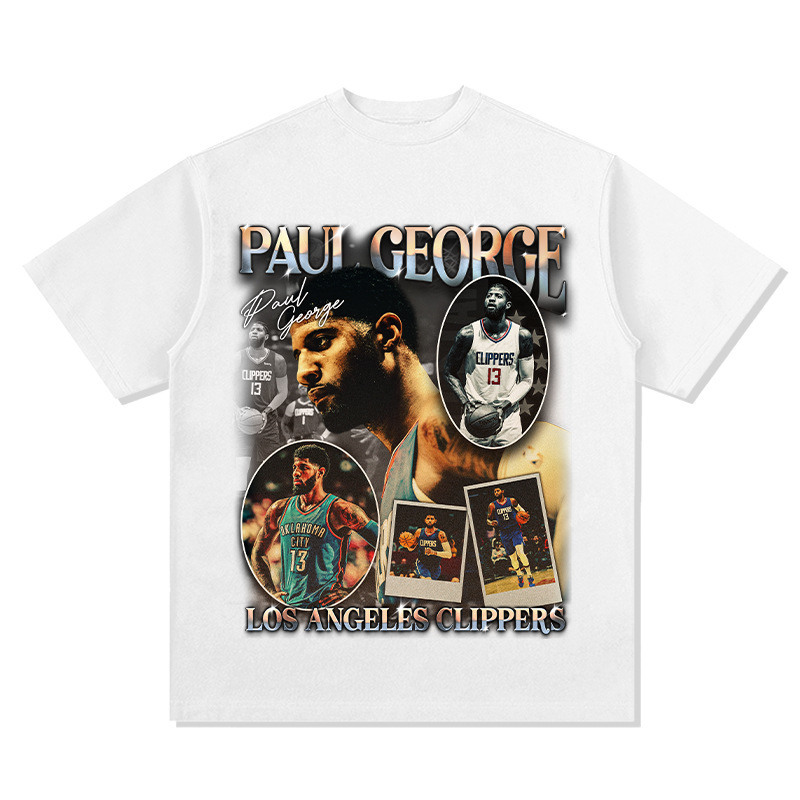 Paul George American Star camiseta hip-hop de la calle impresión retro hacer viejos lavado pesado cuello redondo mangas cortas