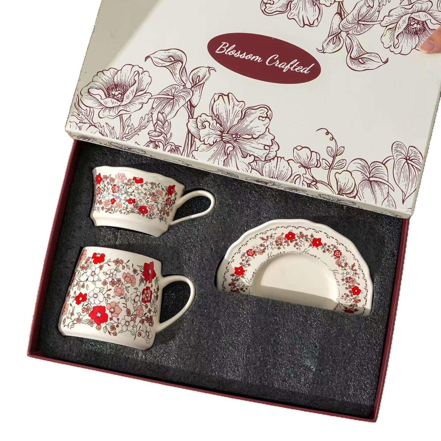 Vintage estilo francés de alto valor visual floral nicho de cerámica taza de agua caja de regalo conjunto de tazas y platos combinación de alta sensación regalo de mano